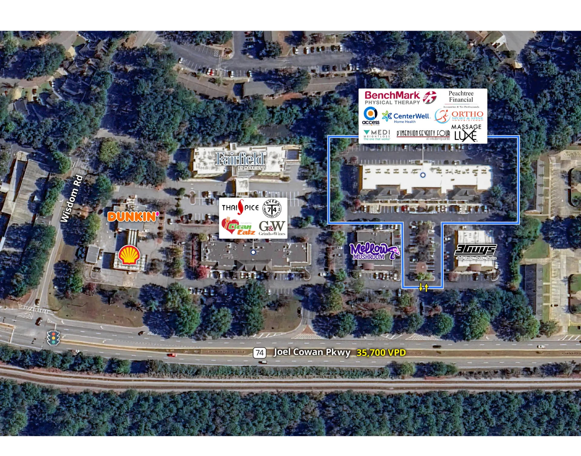 Labeled aerial of Wisdom Pointe Village showing the site boundary, surrounding retailers and GA Hwy 74